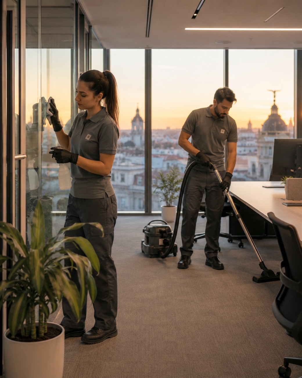 Equipo de Nebula Salix limpiando una oficina con vistas al skyline de Madrid al atardecer