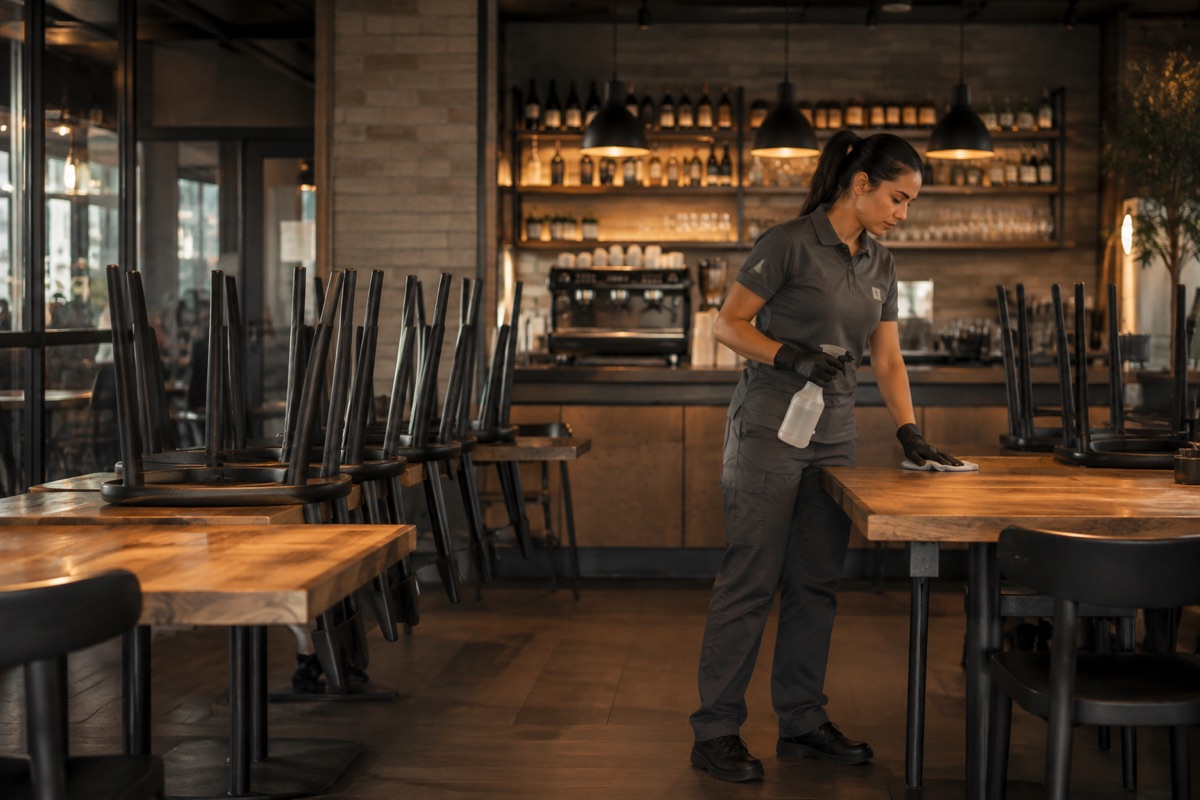 Operaria de Nebula Salix desinfectando las mesas de un restaurante antes de abrir