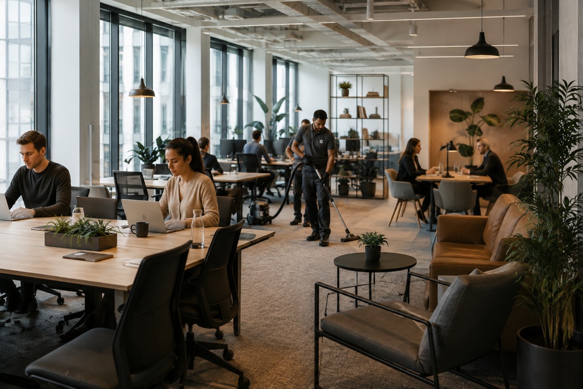 Coworking con gente trabajando mientras un operario aspira la zona común