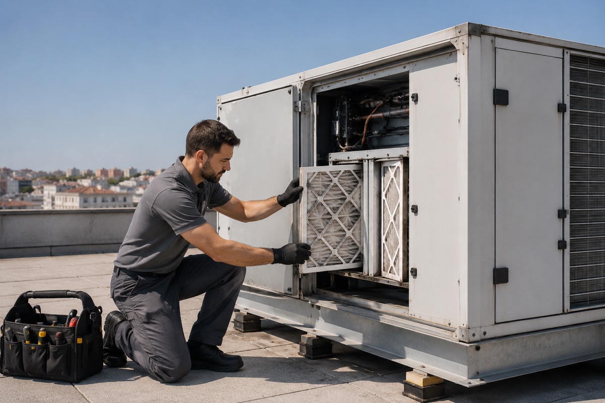 Técnico sustituyendo los filtros de una unidad de climatización en cubierta